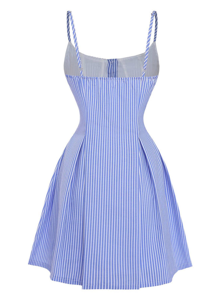 Bleu Rayé Boutons Bretelles Fines Robe en A Années 1960 3