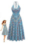 Robe Midi Col Licou Imprimé Cachemire Bohème Bleu Années 70