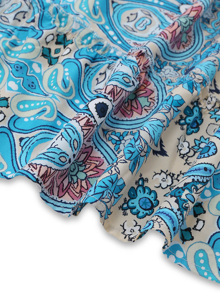 Robe Midi Halter Évasée Boho Paisley Bleu Années 70