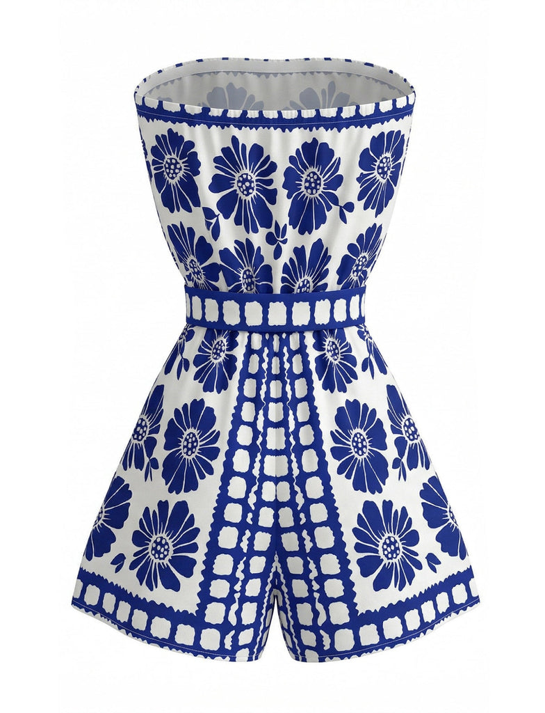 Combishort Bustier Ceinturé Floral Bleu Années 1970
