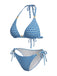Ensemble 3 Pièces Bikini Dos-Nu Géométrique Cube 3D & Cache-Maillot Bleu Années 1970