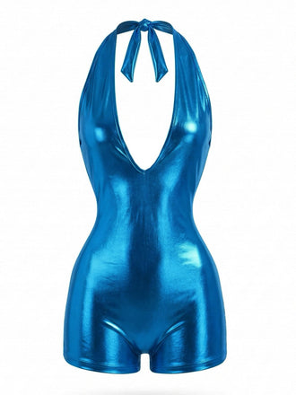 Shiny blue Romper with a halter neck design on a white background