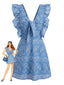 Robe Courte Paisley Col V à Volants Bleue Années 1970