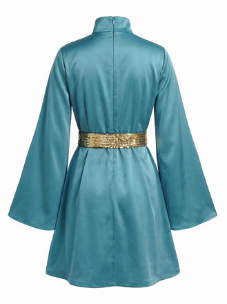 [Prévente] Robe courte bleue satin à manches cloche années 70