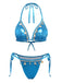 Bleu Métallisé Coquillage Halter Ensemble Bikini Années 1980 2
