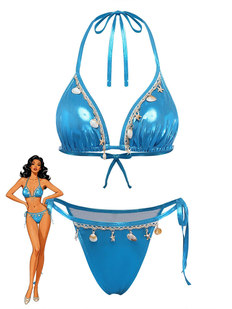 Bleu Métallisé Coquillage Halter Ensemble Bikini Années 1980