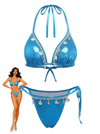 Bleu Métallisé Coquillage Halter Ensemble Bikini Années 1980