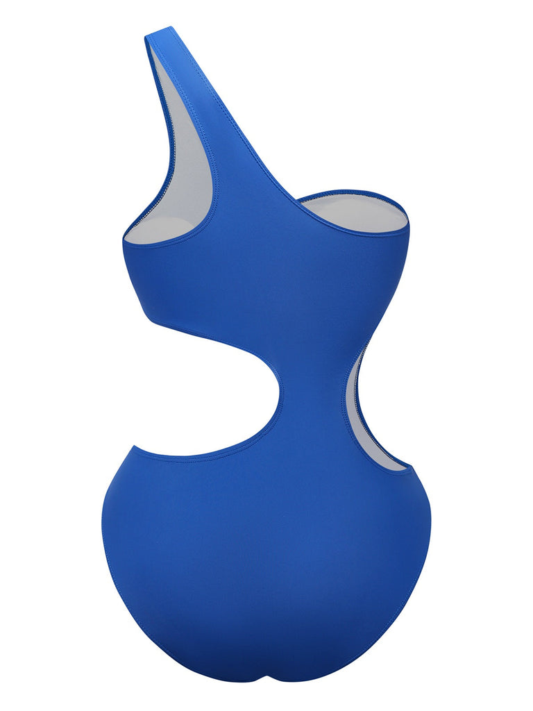 Blue one-shoulder cutout swimsuit back view revealing elegant strappy details perfect for summer beach styling