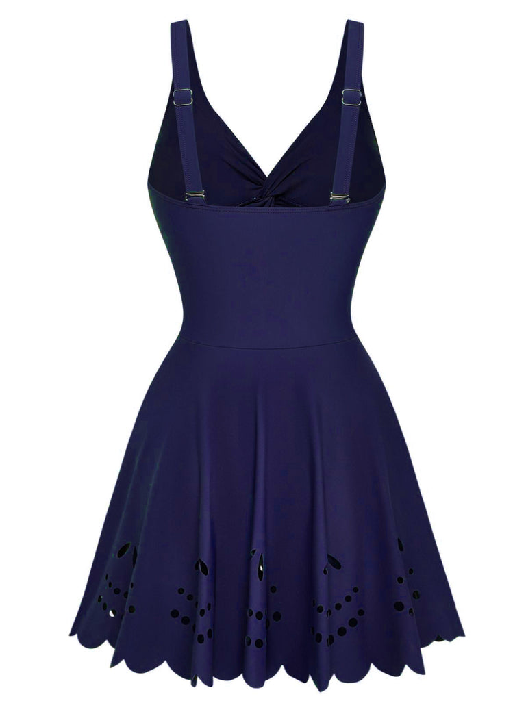 Uni Torsadé Devant Ajouré Maillot de Bain à Jupe Une Pièce Années 1930 5