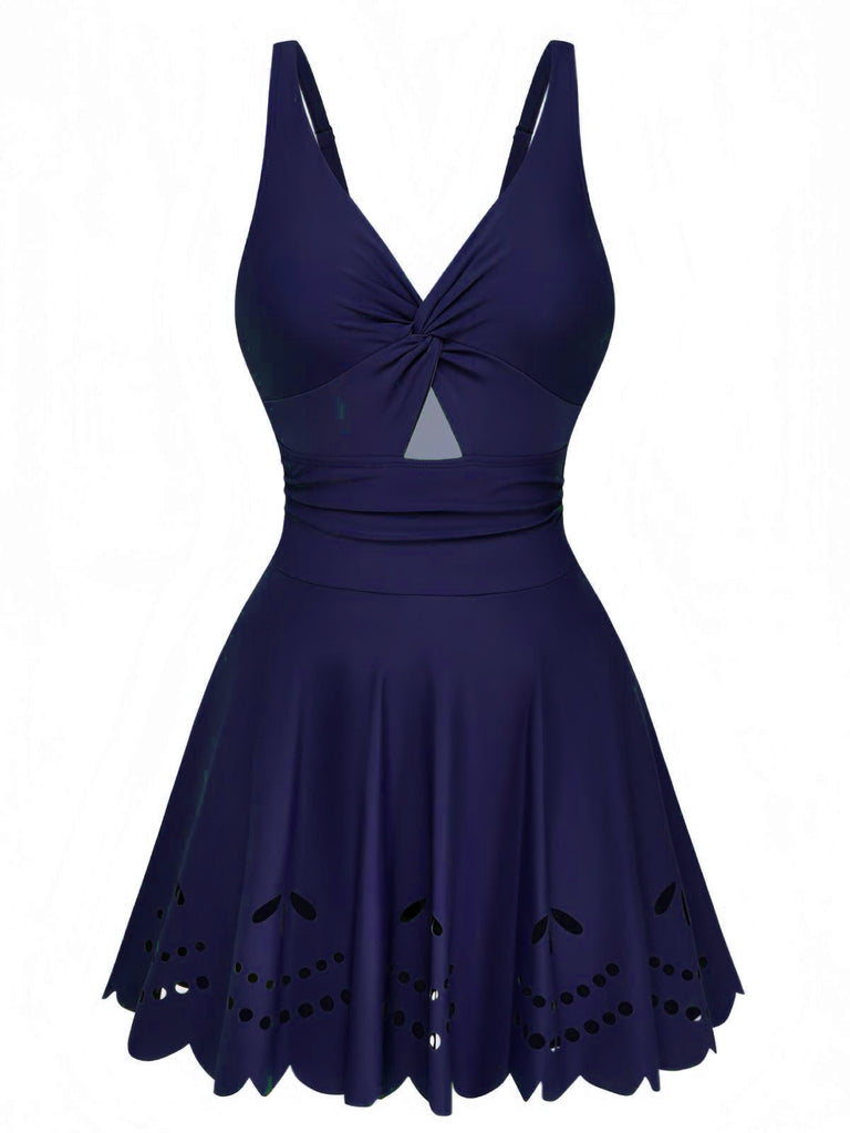 Uni Torsadé Devant Ajouré Maillot de Bain à Jupe Une Pièce Années 1930 4