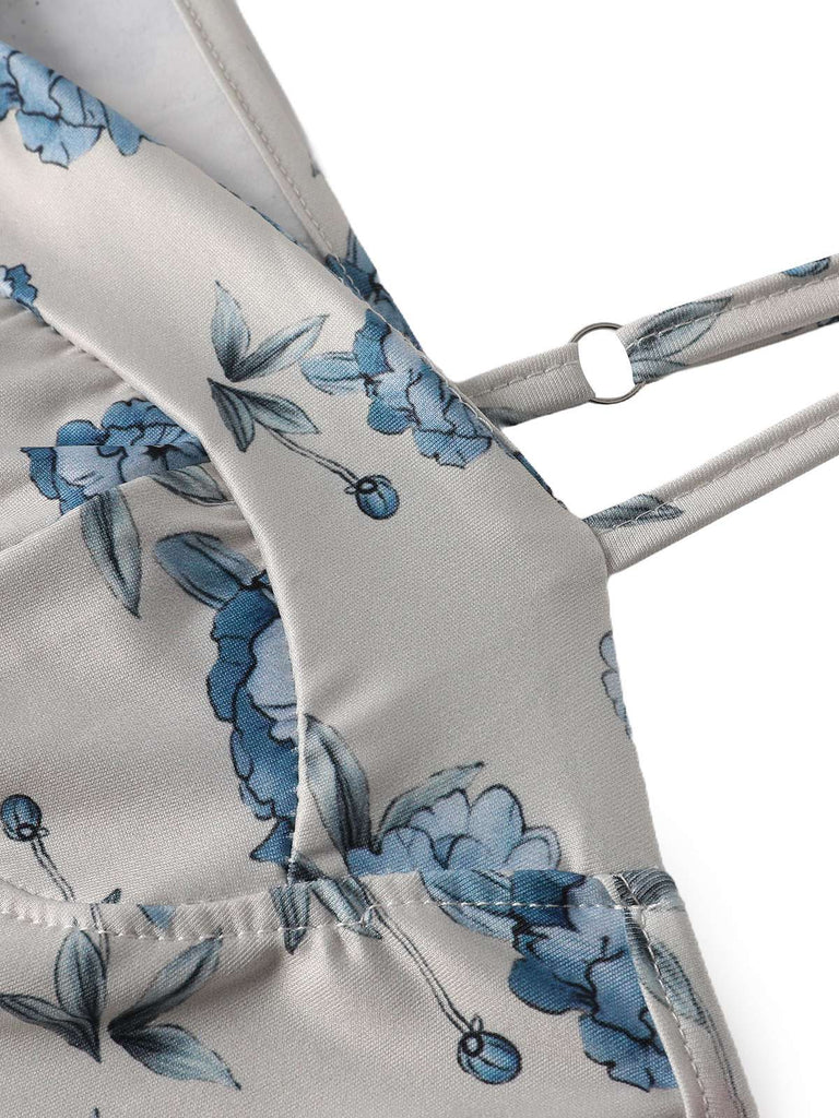 Close-up of a floral-patterned chair with blue flowers on a white background