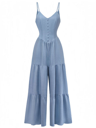 Blue 1930s Solid Deep V Tiered Ruched Jumpsuit front view