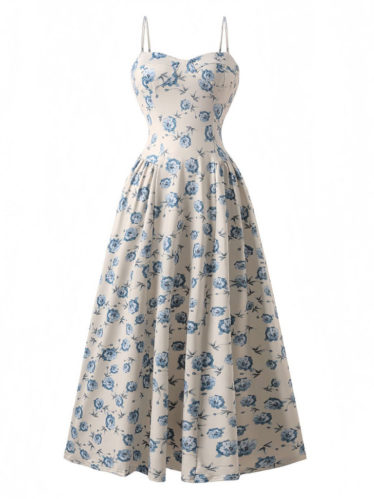 Blue 1930s floral spaghetti strap maxi dress front view