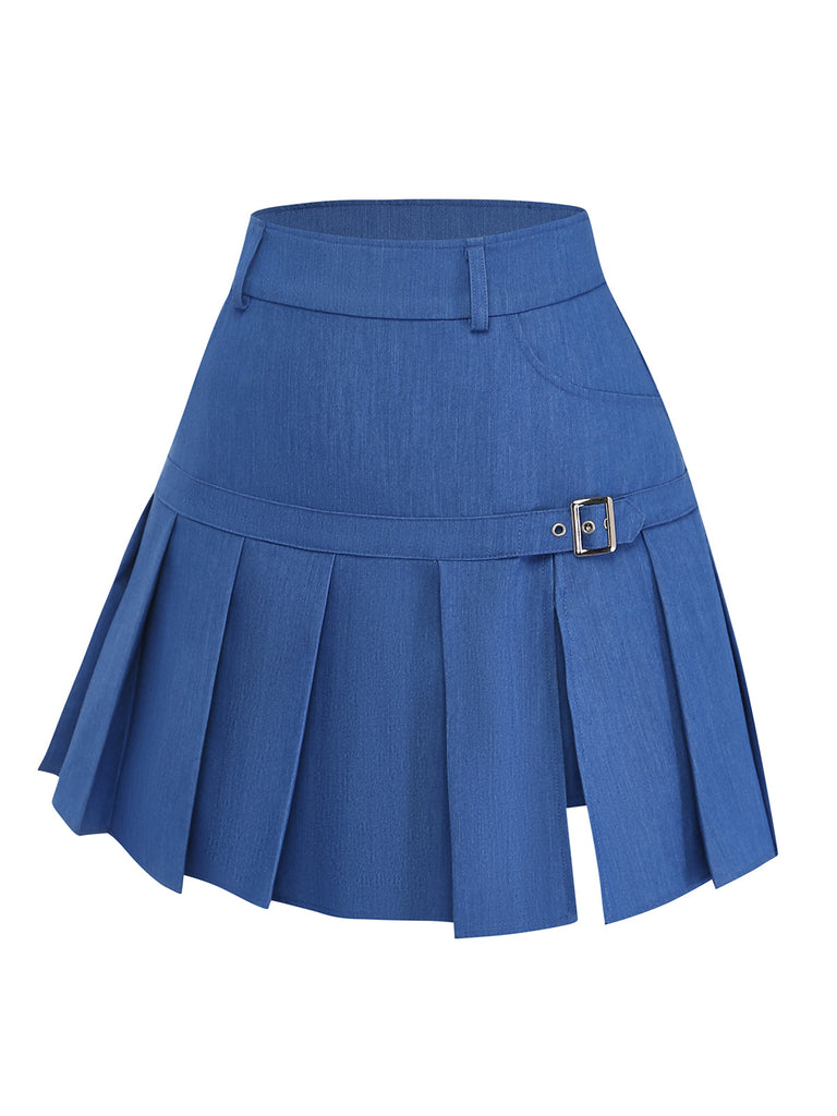 Blue pleated skirt with a belt on a white background