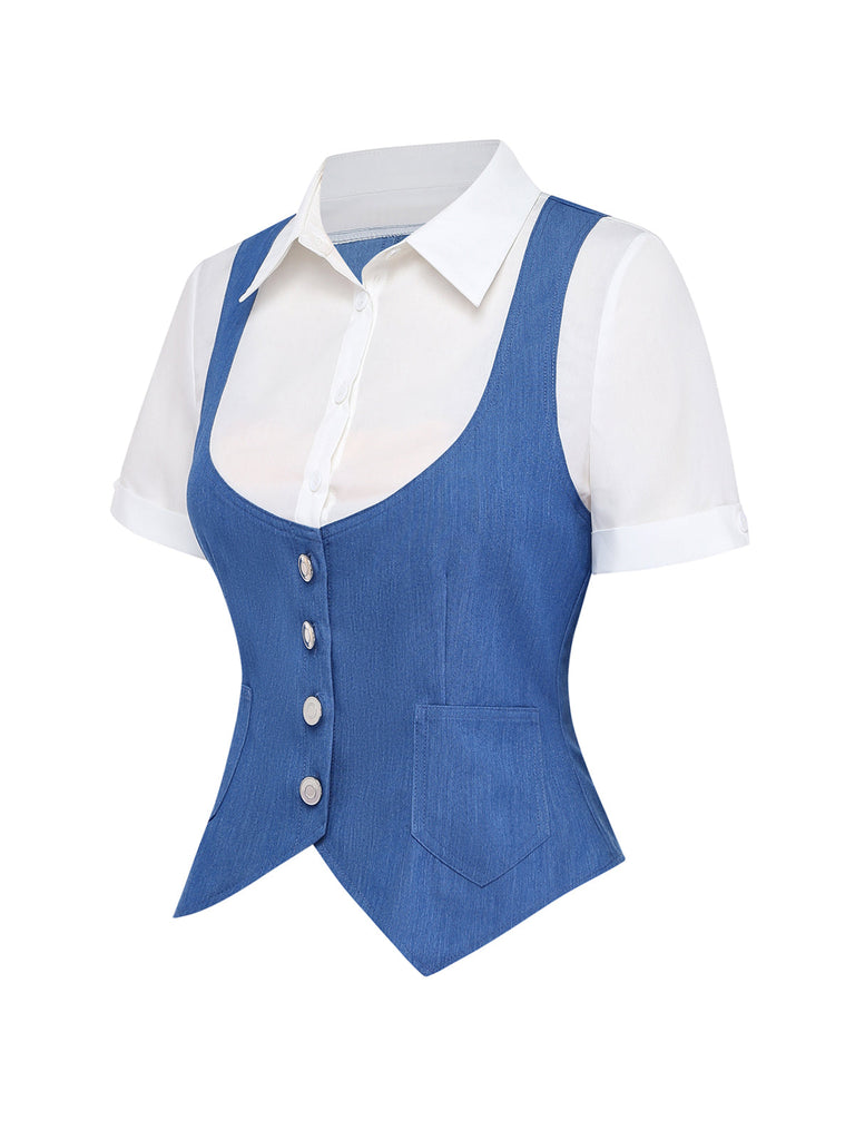 Blue vest over a white shirt on a white background