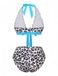 Leopard print bikini with blue accents on a white background