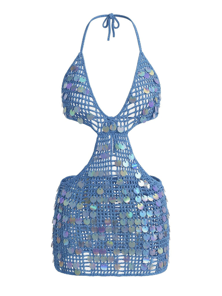 Front: Blue 1980s Sequin Deep V-Neck Backless Beach Cover Up, elegant vintage style, perfect for vintage fashion lovers
