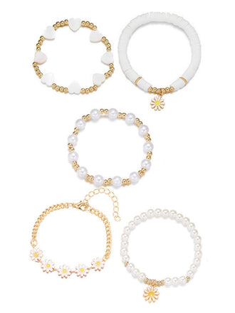 5PCS Bohème Marguerite Perle Cœur Perlé Stackable Bracelet Set 2