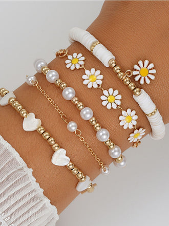 5PCS Bohème Marguerite Perle Cœur Perlé Stackable Bracelet Set