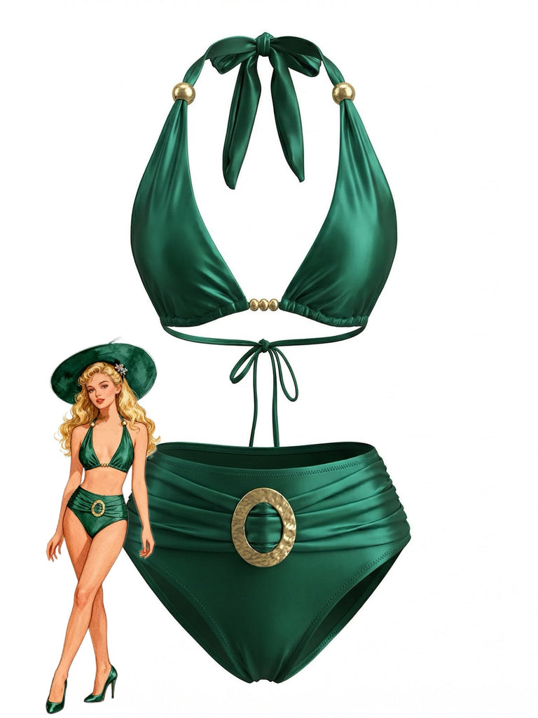 Dos-Nu Satin Doré Anneau Ensemble Bikini Verte Années 1980