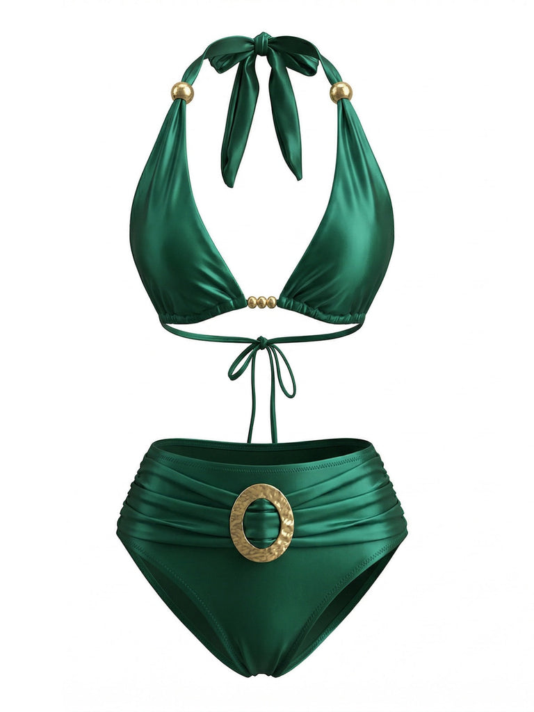 Dos-Nu Satin Doré Anneau Ensemble Bikini Verte Années 1980 2