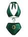 Dos-Nu Satin Doré Anneau Ensemble Bikini Verte Années 1980 2