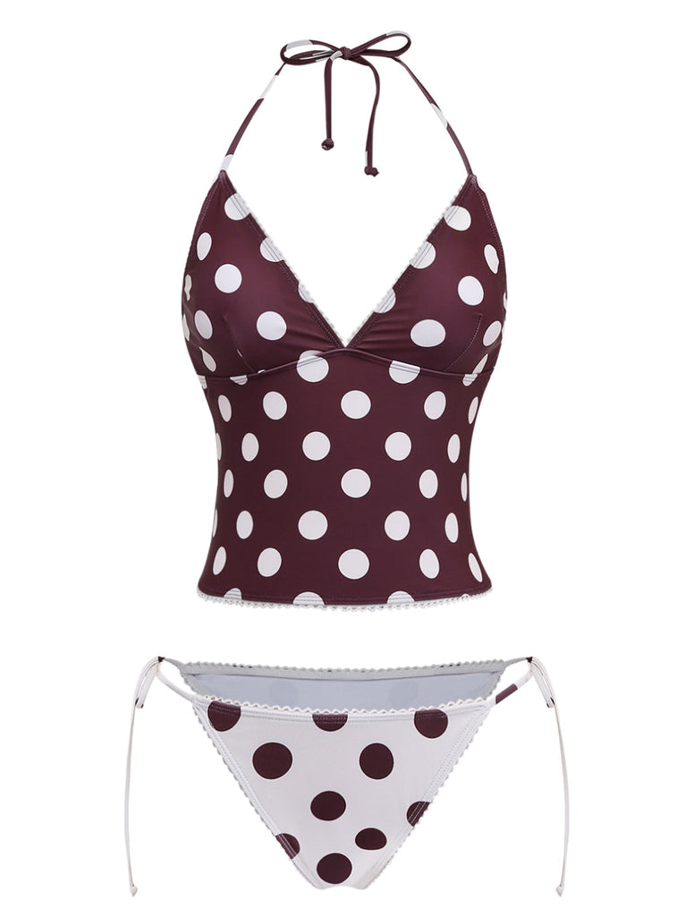 Polka dot bikini set with a brown and white pattern on a white background