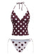 Polka dot bikini set with a brown and white pattern on a white background