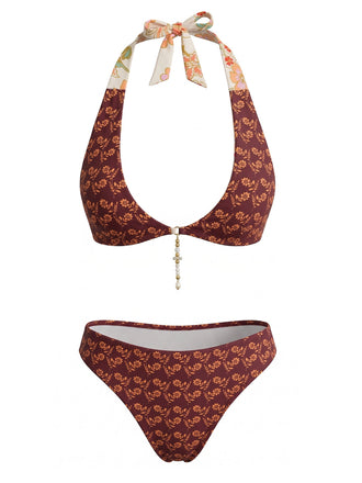 Ensemble Bikini Dos-Nu Réversible Fleuri Marron Années 1940 2