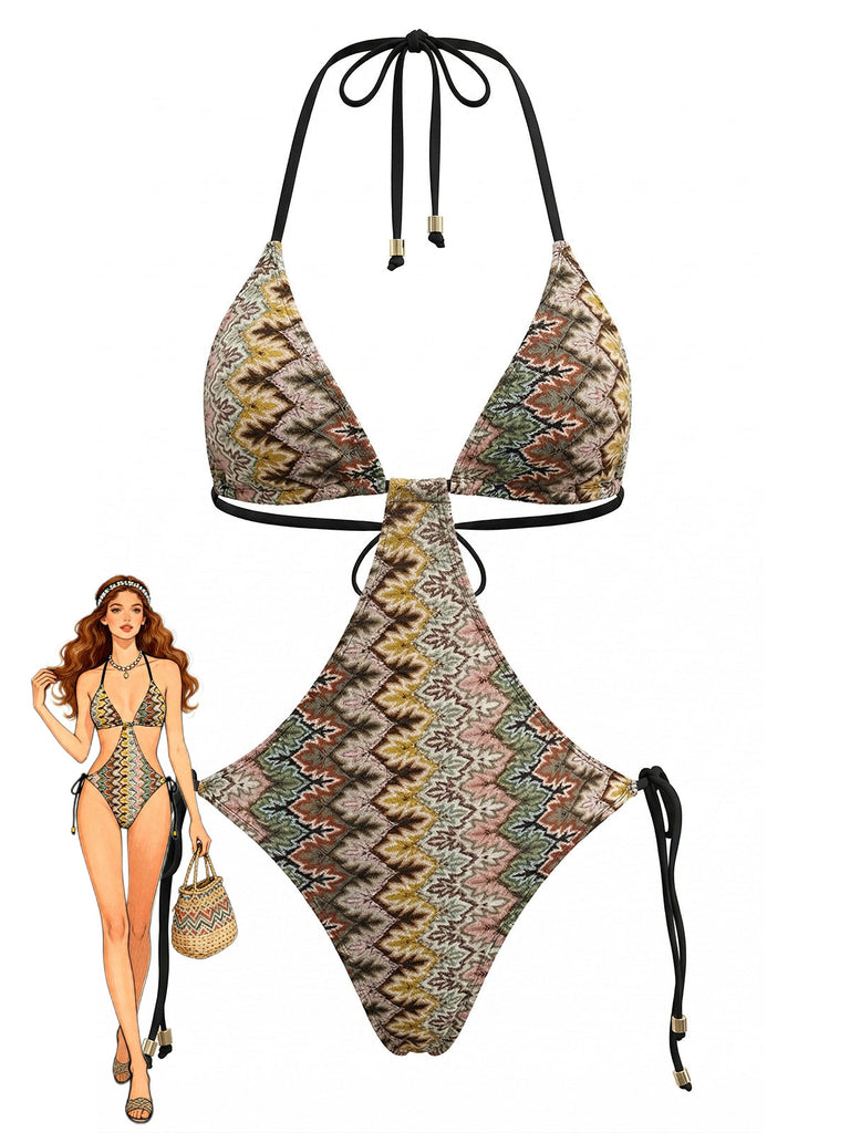 Maillot de Bain Une Pièce Bohème Froncé Imprimé Chevron Marron Années 1970