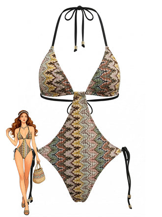Maillot de Bain Une Pièce Bohème Froncé Imprimé Chevron Marron Années 1970