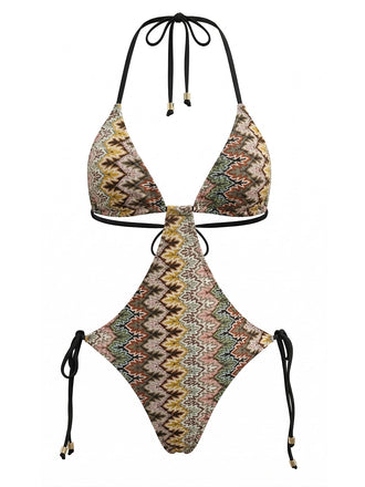 Maillot de Bain Une Pièce Bohème Froncé Imprimé Chevron Marron Années 1970 2