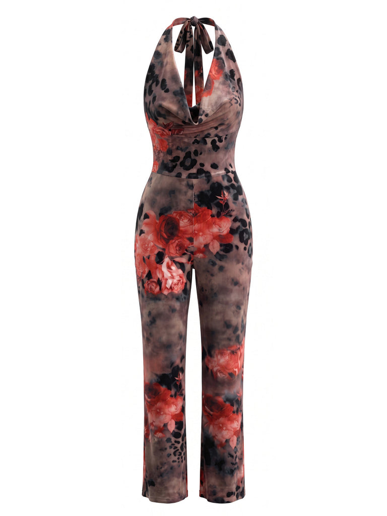 Combinaison Halter Col Drapé Floral Marron Années 70