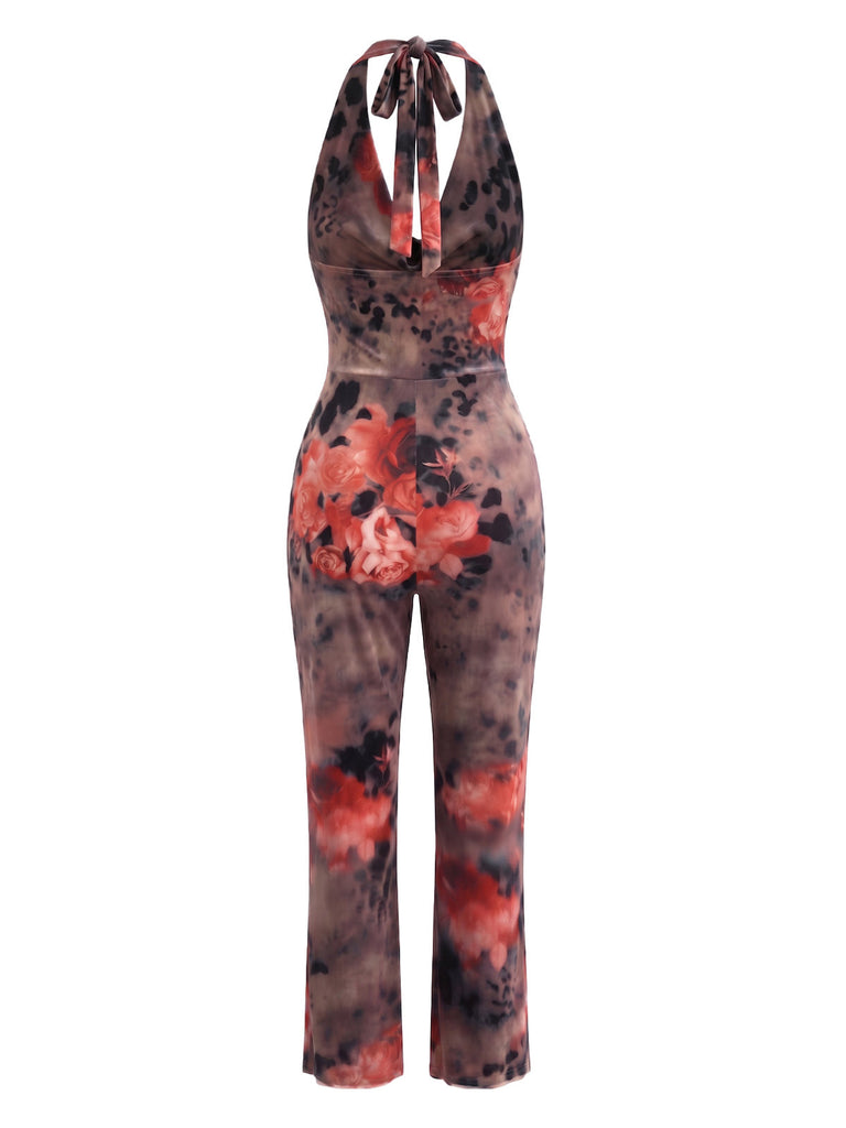 Combinaison Halter Col Drapé Floral Marron Années 70