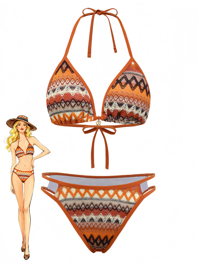 Bohème Géométrique Tricot Halter Ensemble Bikini Années 1970