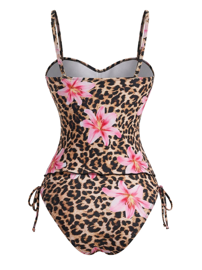 Marron Léopard Floral Imprimé Devant Découpé Ensemble Tankini Années 1940 3