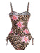 Marron Léopard Floral Imprimé Devant Découpé Ensemble Tankini Années 1940 3