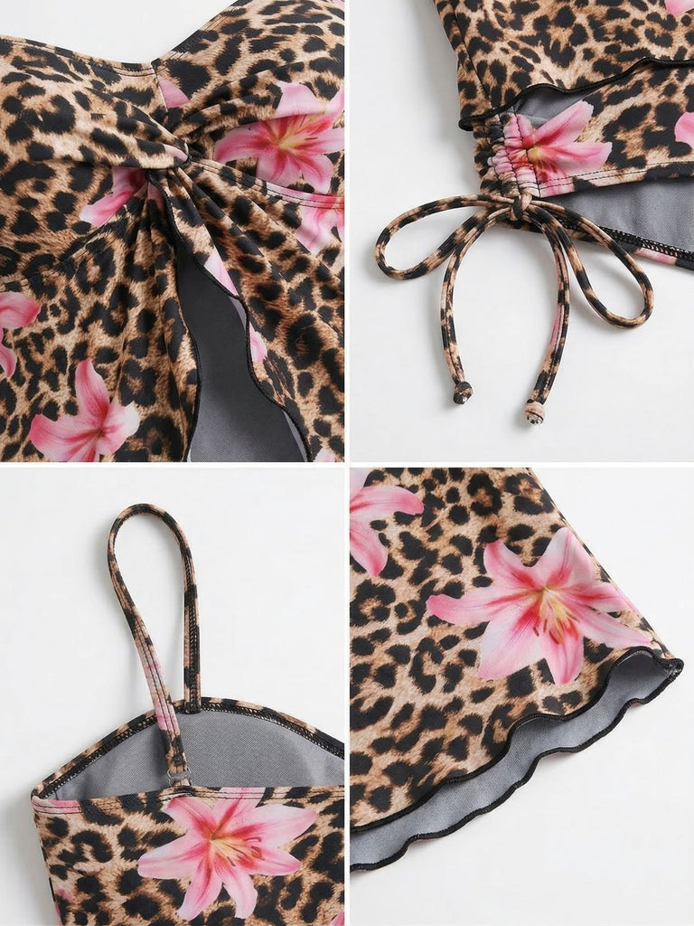Marron Léopard Floral Imprimé Devant Découpé Ensemble Tankini Années 1940 4