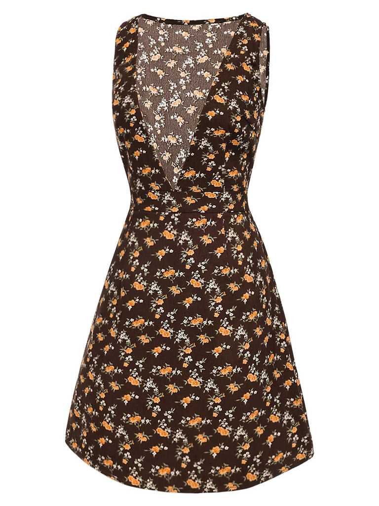 Brown 1960s Corduroy Floral Deep V Suspender Dress side view