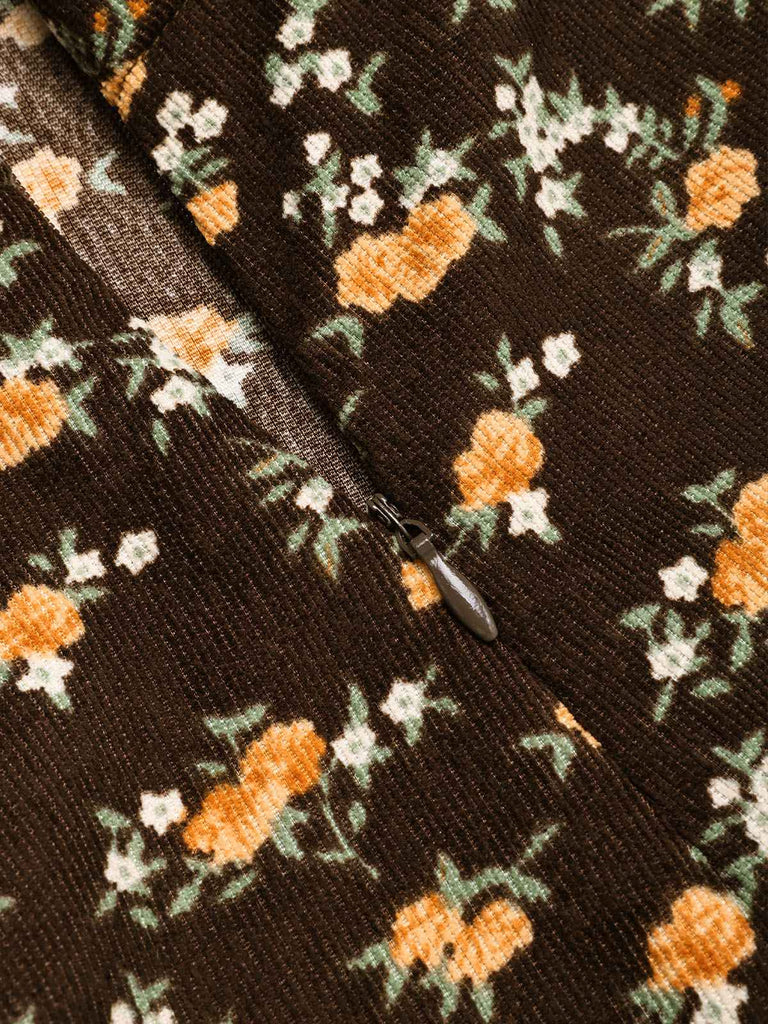 Brown 1960s Corduroy Floral Deep V Suspender Dress zipper detail