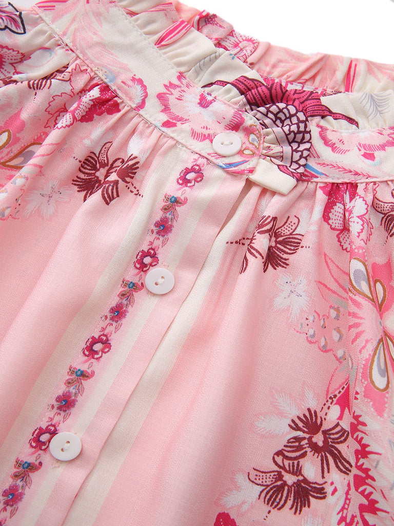 2PCS Chemisier fleuri bohème rose et short taille haute années 1970