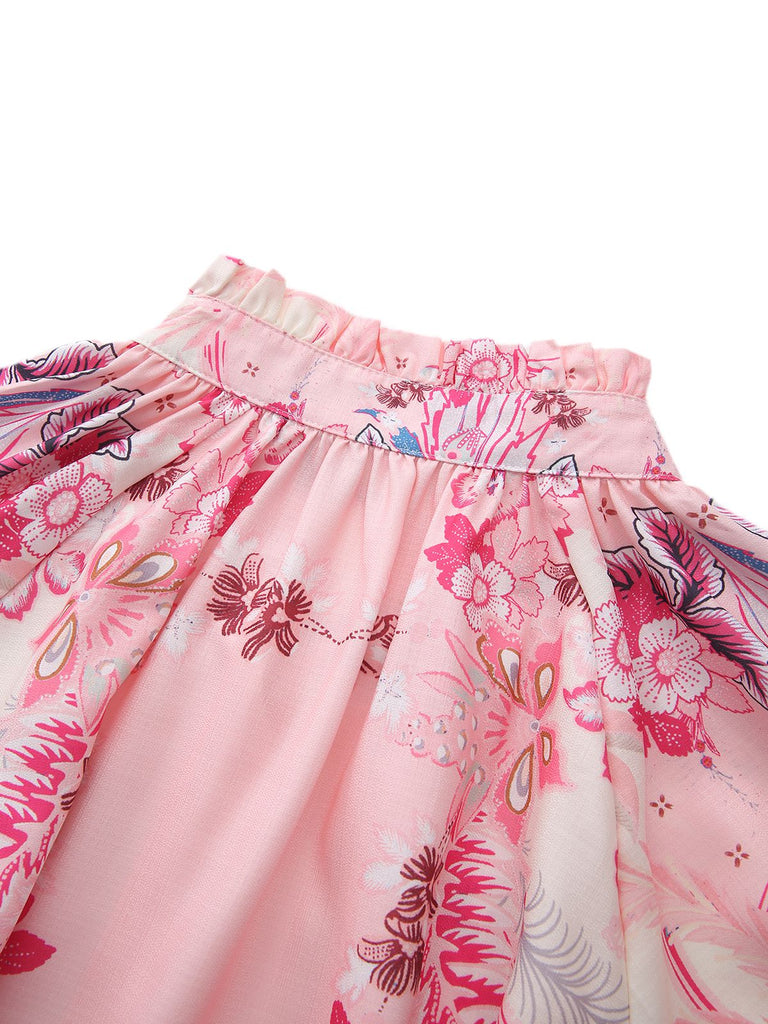 2PCS Chemisier fleuri bohème rose et short taille haute années 1970