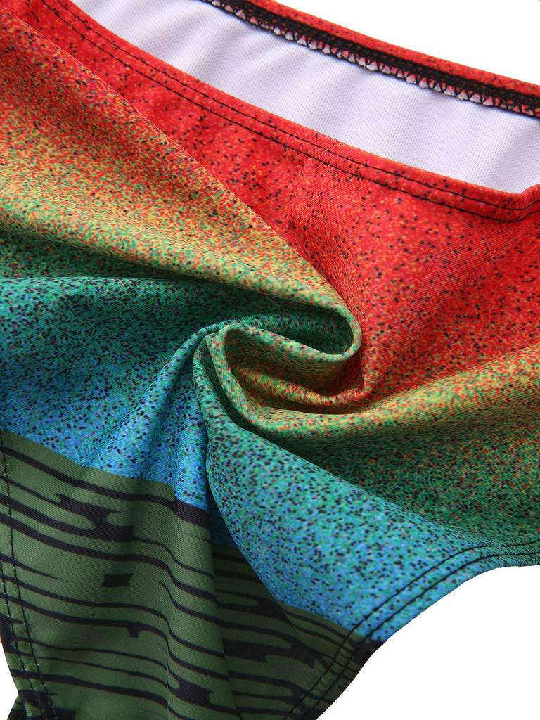 Maillot de bain tankini tie-dye noir à motif palmiers au coucher du soleil années 1940