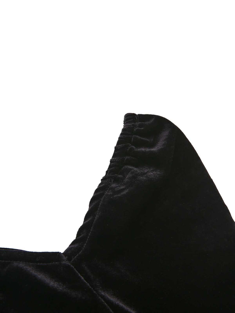 Robe col cœur et ourlet plissé en velours noir et blanc contrastée années 60