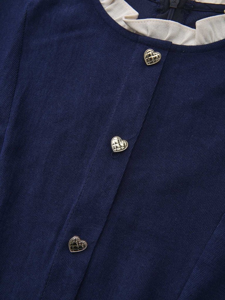 Robe bleu marine à col à volants et boutons en forme de cœur années 80