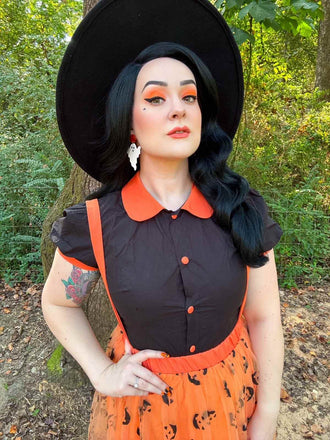 Chemisier à col claudine et jupe en maille à visage de citrouille des années 40