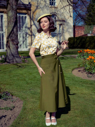 2PCS Chemisier fleuri à col claudine et jupe fendue des années 1940