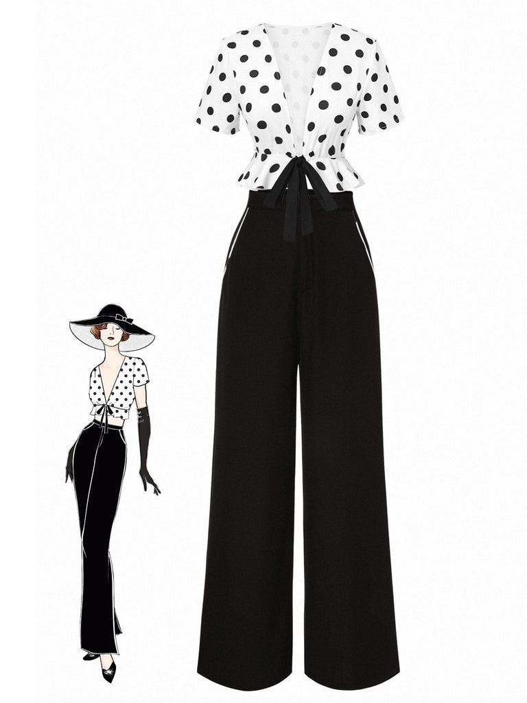 [Prévente] 2PCS haut à pois et pantalon droit blanc et noir années 50