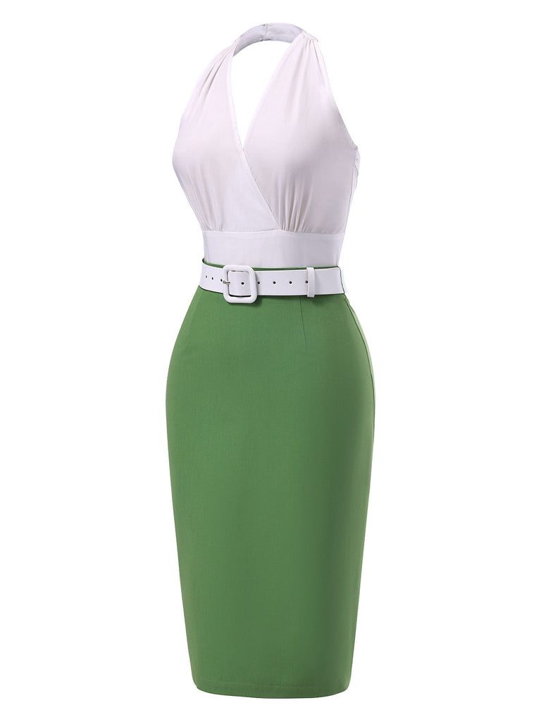 [Prévente] 2PCS haut froncé uni blanc et jupe crayon verte années 60