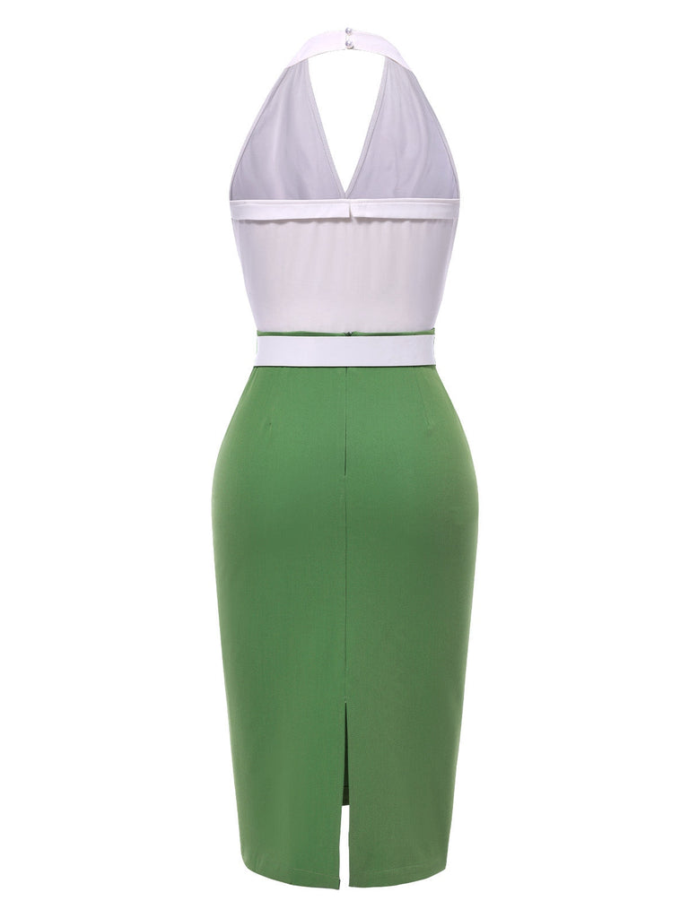 [Prévente] 2PCS haut froncé uni blanc et jupe crayon verte années 60